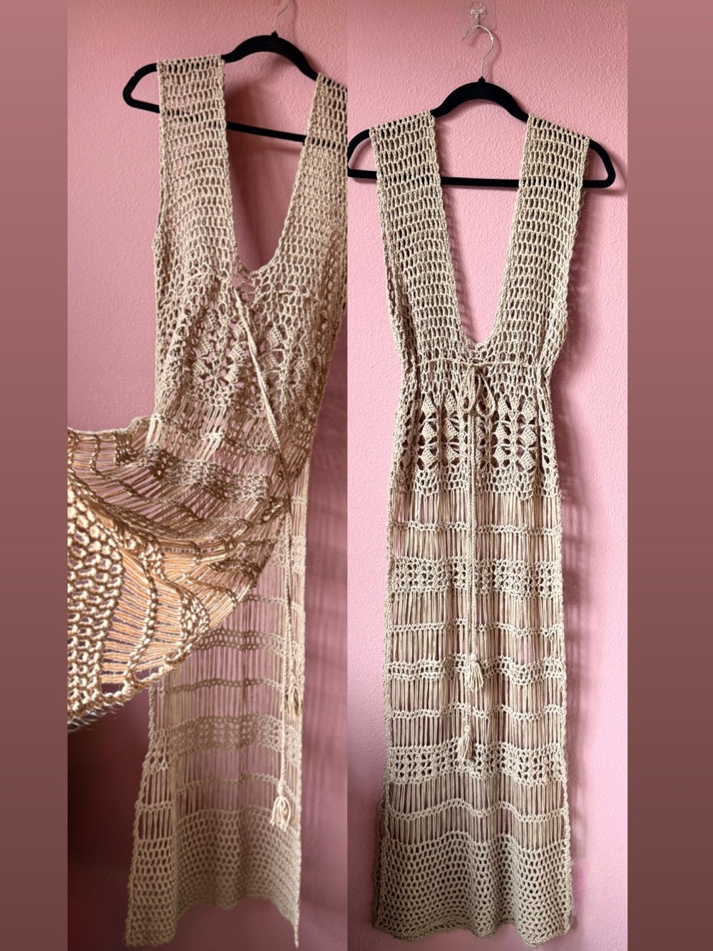 Beige Crochet Maxi Dress - Boho Open Knit Beach Cover-Up